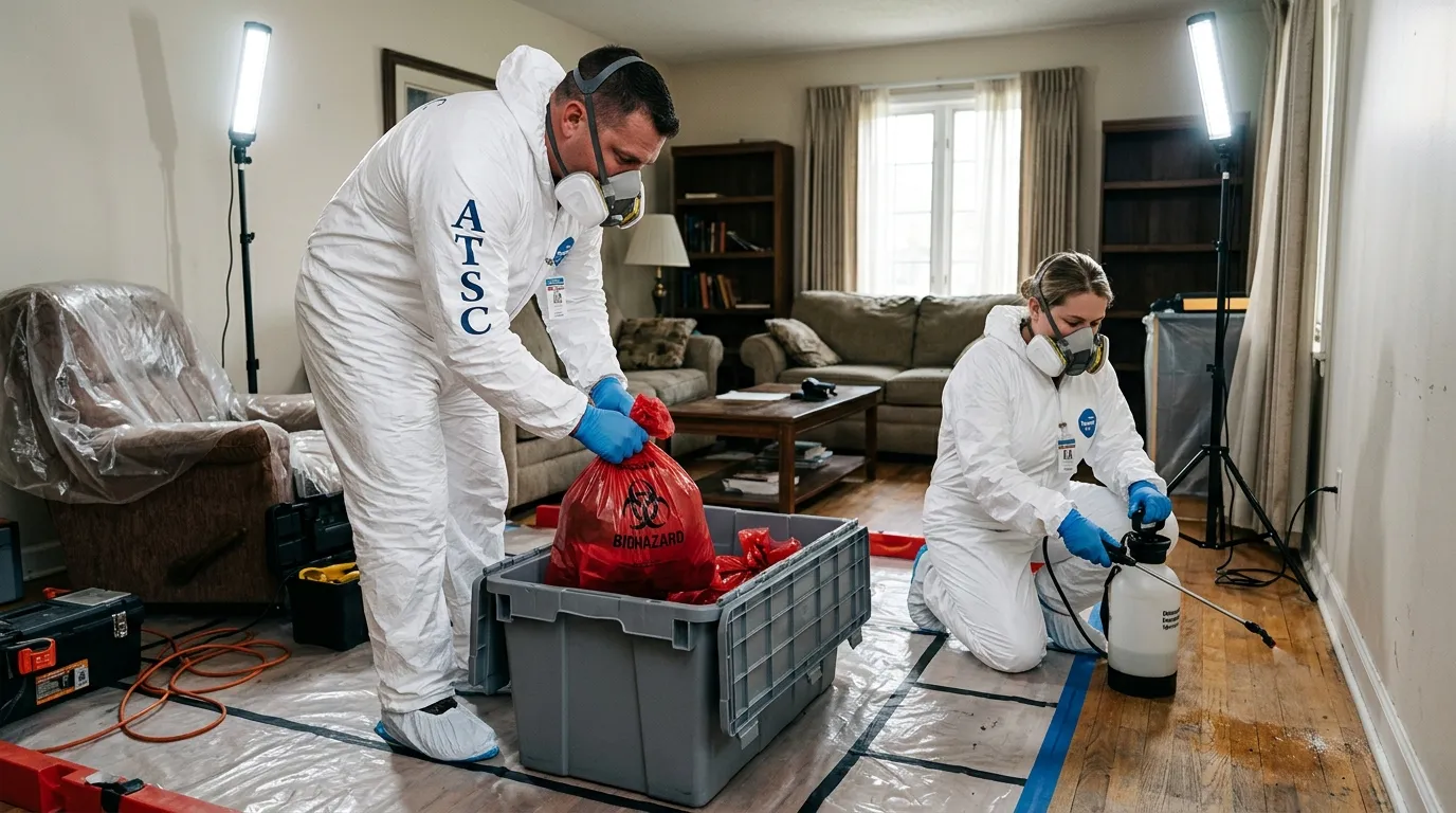 Professional Hoarding Cleanup technician in full PPE working in Dellwood